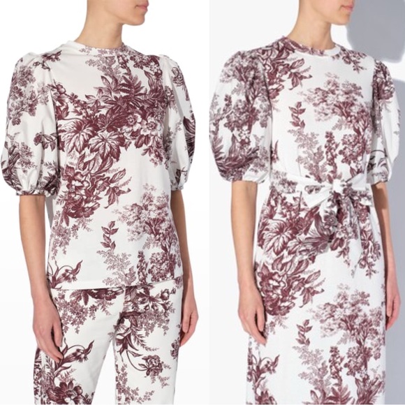 ERDEM Theodora 100% Cotton Puff Sleeve Floral Short Sleeve T-Shirt